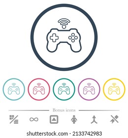 Wireless game controller outline flat color icons in round outlines. 6 bonus icons included.
