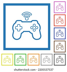 Wireless game controller outline flat color icons in square frames on white background