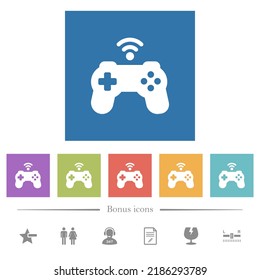 Wireless game controller solid flat white icons in square backgrounds. 6 bonus icons included.