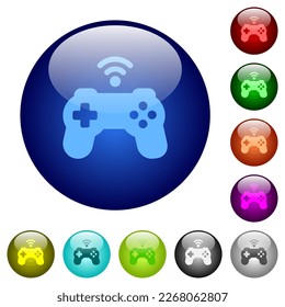 Wireless game controller solid icons on round glass buttons in multiple colors. Arranged layer structure