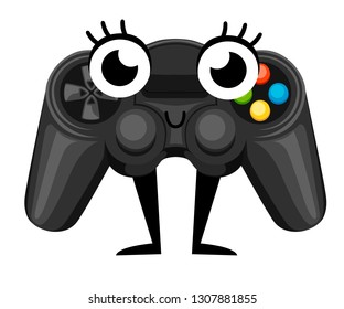 Wireless game pad mascot. Cartoon character design. Black video game controller. Gamepad for PC or Console gaming. Flat vector illustration isolated on white background.