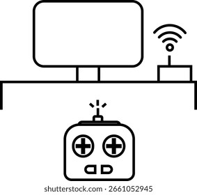 Wireless gaming console with controller connected to monitor icon for remote gameplay with transparent background