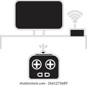 Console de jogos sem fio com controlador conectado ao ícone do monitor para jogos remotos com fundo transparente