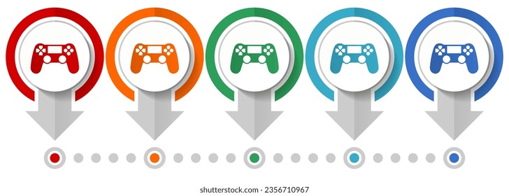 Wireless gaming controller, gamepad vector icon set, flat design infographic template, set pointer concept icons in 5 color options for webdesign and mobile applications