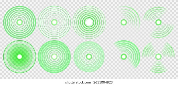 Wireless green icon pulses softly with radiant signal spread. Radial wave effect creates tech-inspired glowing animations. Neon light ripples simulate RFID or vibration frequencies. Green radar glow