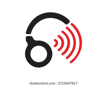 Wireless headphone icon with radiating red sound waves for audio technology logo