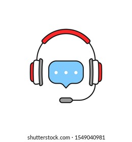 wireless headphones with bubble icon. concept of 24/7 system support for client, audio answer, conference connection, crm. call center help, consulting, business projects. simple red blue line sign