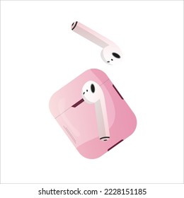Wireless headphones with charging case illustration, pink vector on white background