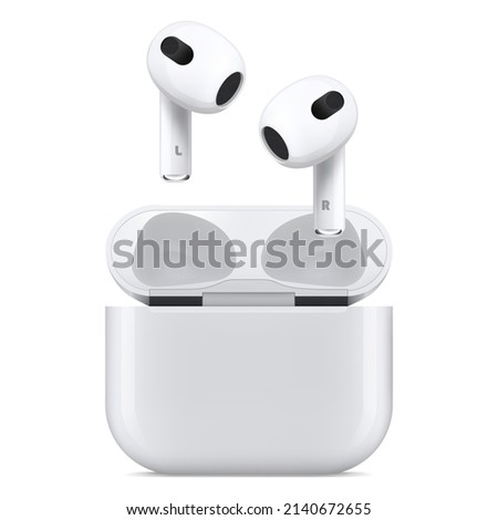 wireless headphones with charging case isolated on white background. earphones for smartphone and tablet. realistic and detailed mockup. stock vector illustration