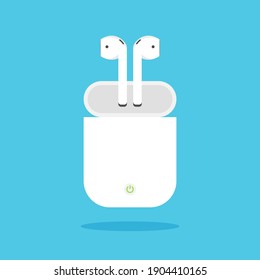 Auriculares inalámbricos con estuche de carga en estilo plano de moda. Auriculares para smartphone o tablet. Ilustración vectorial aislada en fondo azul.