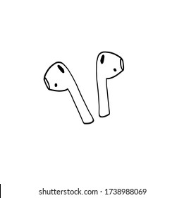 Wireless headphones in doodle style isolated on white background. Sign icon. Vector outline illustration. Music listening device. Usable as icon or symbol. Decoration element. Hand drawn black sketch.