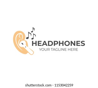 Auriculares inalámbricos en oídos con notas musicales alrededor, diseño de logotipo. Música, sonido y dispositivo, diseño vectorial e ilustración