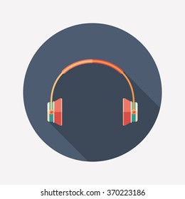 Wireless headphones flat round icon with long shadows.