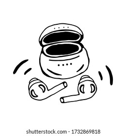Wireless headphones. hard case for earphone.A gadget for listening to voice information coming from a phone, mp3 player, laptop. Vector illustration. Contour on an isolated background. Doodle style. 