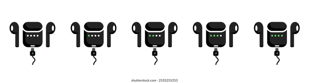 Wireless headphones icon set. Black Headphones with storage case. Headphone charger collection. Bluetooth earphones. Headset icon. Phone device.