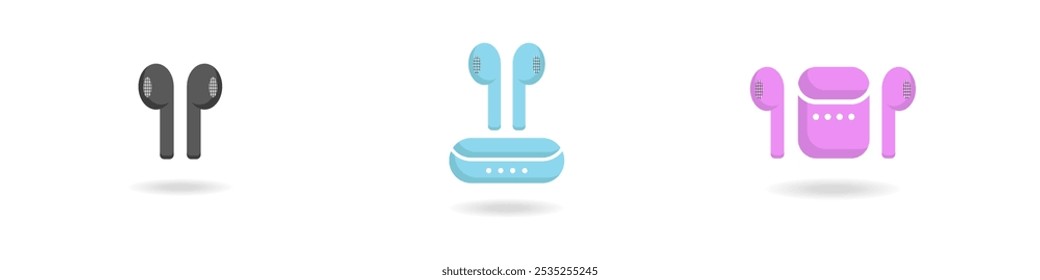 Conjunto de ícones de fones de ouvido sem fio. Fones de ouvido coloridos com um estojo de armazenamento. Coleção de carregadores de fone de ouvido. Fones de ouvido Bluetooth. Ícone de headset. Dispositivo telefônico.