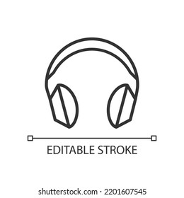 Wireless headphones linear icon. Listening to music. Enjoying sound quality. Audio technology. Headset. Thin line illustration. Contour symbol. Vector outline drawing. Editable stroke. Arial font used
