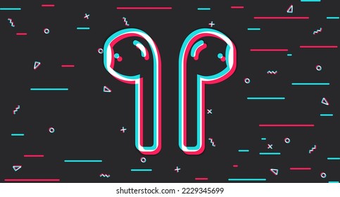 Wireless headphones. Listening to music. Music industry. Glitch background. Vector illustration