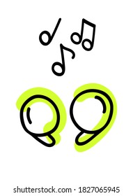 Auriculares inalámbricos con boceto de notas. Ilustración del material vector dibujado a mano.