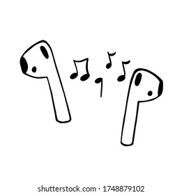 Wireless-Kopfhörer mit Noten im Doodle-Stil einzeln auf weißem Hintergrund. Unterschreiben Sie das Symbol. Vektorgrafik. Musikhörgerät. Als Symbol oder Symbol verwendbar.  Handgezeichnete schwarze Skizze.