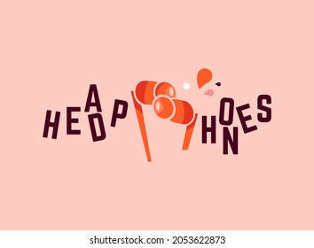 wireless headphones on pink background, calligraphy, vector
