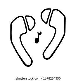 Auriculares inalámbricos en fondo blanco. Objeto aislado. para escuchar música. Estilo de garabatos. Dibujo negro hecho a mano 