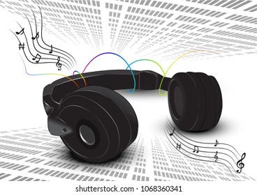 Wireless headphones realistic isolated with musical note on equalizer background.vector.