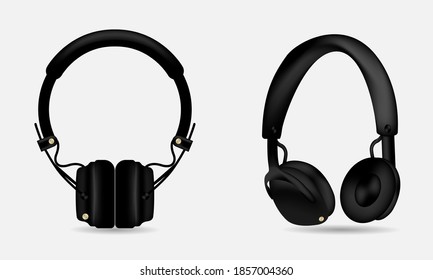 Wireless headphones realistic set. Realistic black headphones music accessories isolated on white background. Headphone icon. Vector illustration
