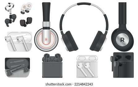 Wireless headphones realistic set with music symbols isolated vector illustration