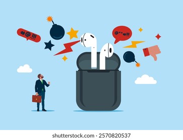 From wireless headphones shouting with negative feedback from remote work. Personal listening to podcasts. Tiny businessman with wireless headphones with a charging case. Flat vector illustration