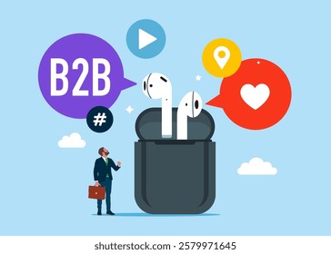 From wireless headphones shouting social media network ads and internet. SMM, Internet notification. B2B word in speech bubble. B2B marketing. Personal listening to podcasts. 