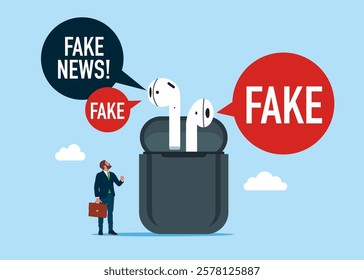 From wireless headphones spreading fake news in social media. News with disinformation, lies and propaganda. Tiny businessman with wireless headphones with a charging case. Flat vector illustration