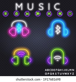 wireless headphones symbol neon sign. Wifi, communication, technology concept. Advertisement design. Night bright neon sign, colorful billboard, light banner. Vector illustration in neon style.