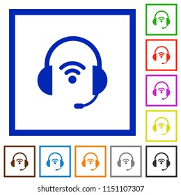 Wireless headset flat color icons in square frames on white background