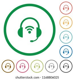 Wireless headset flat color icons in round outlines on white background