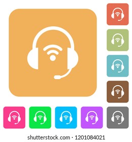 Wireless headset flat icons on rounded square vivid color backgrounds.
