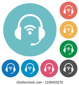Wireless headset flat white icons on round color backgrounds