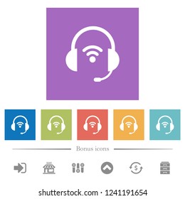 Wireless headset flat white icons in square backgrounds. 6 bonus icons included.