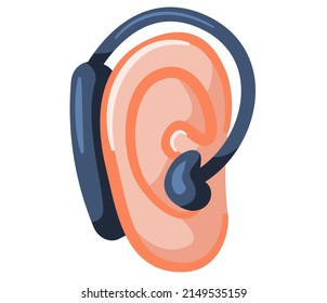 Wireless headset in human ear, communication or listen music, hearing aid, medical device for deaf. Mobile gadget for hand-free technology. Conversation with support service, wireless earphone