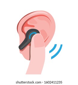 Wireless headset in human ear, with finger, communication or listen music, hearing aid flat illustration icon symbol editable vector