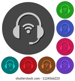 Wireless headset icons with shadows on color round backgrounds for material design
