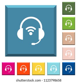 Wireless headset white icons on edged square buttons in various trendy colors