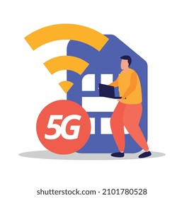Wireless high speed 5g internet connection flat icon with human character and sim vector illustration