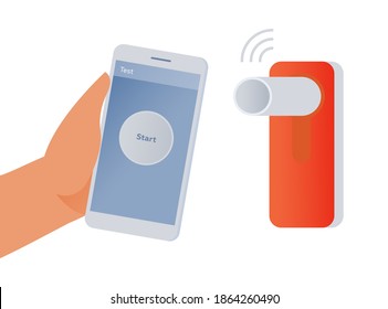 Wireless Home Spirometer Medical Device in Color with Connection via Smartphone Isolated on White Background. Hand Holding Smartphone with Medical Application.