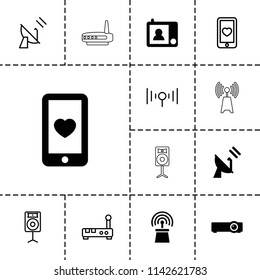 Wireless icon. collection of 13 wireless filled and outline icons such as heart mobile, intercom, satellite, router, loudspeaker. editable wireless icons for web and mobile.