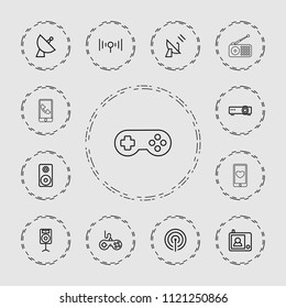 Wireless icon. collection of 13 wireless outline icons such as joystick, satellite, loudspeaker, signal, intercom, router, phone. editable wireless icons for web and mobile.