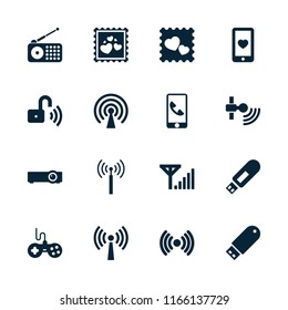 Wireless icon. collection of 16 wireless filled icons such as signal tower, joystick, heart mobile, photo with heart, signal. editable wireless icons for web and mobile.