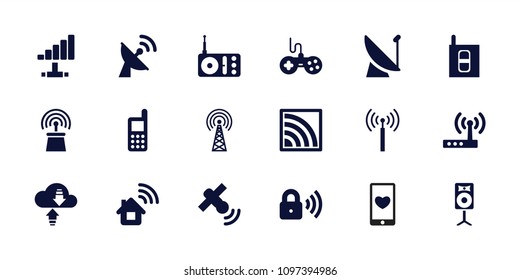 Wireless icon. collection of 18 wireless filled icons such as signal tower, joystick, phone, radio, satellite, wi-fi. editable wireless icons for web and mobile.