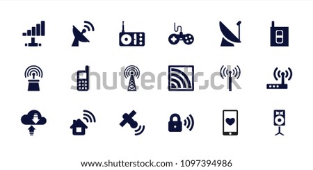 Wireless icon. collection of 18 wireless filled icons such as signal tower, joystick, phone, radio, satellite, wi-fi. editable wireless icons for web and mobile.
