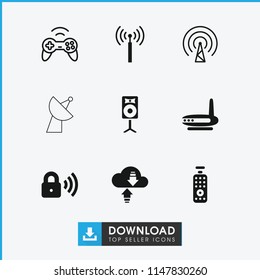 Wireless icon. collection of 9 wireless filled and outline icons such as signal tower, router, security lock, remote control. editable wireless icons for web and mobile.